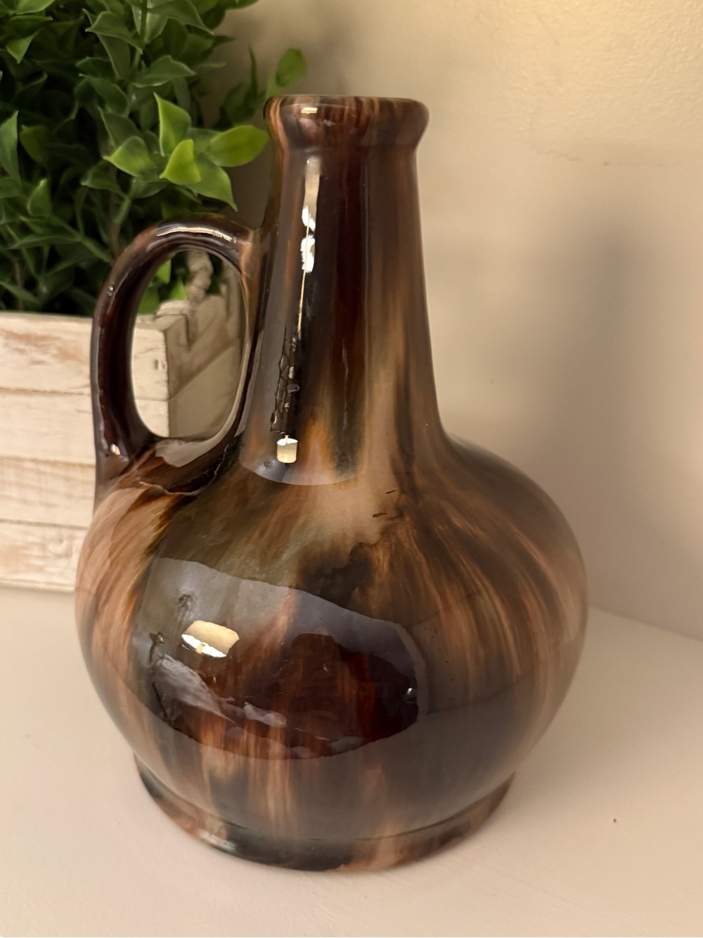Vintage Ceramic Musical Jug Music Box Brown Drip Glaze 9” MCM Decor